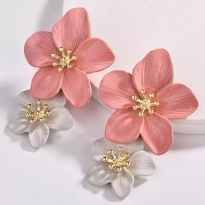 Gold Plated Tiered Floral Pink White Enamel Drop Earrings